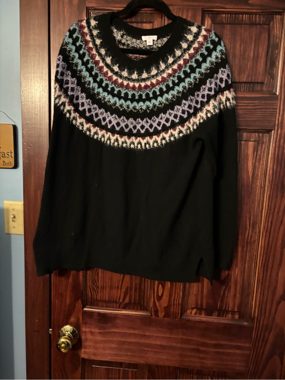 J. Jill Black Crewneck Sweater with Multicolor Fair Isle Yoke